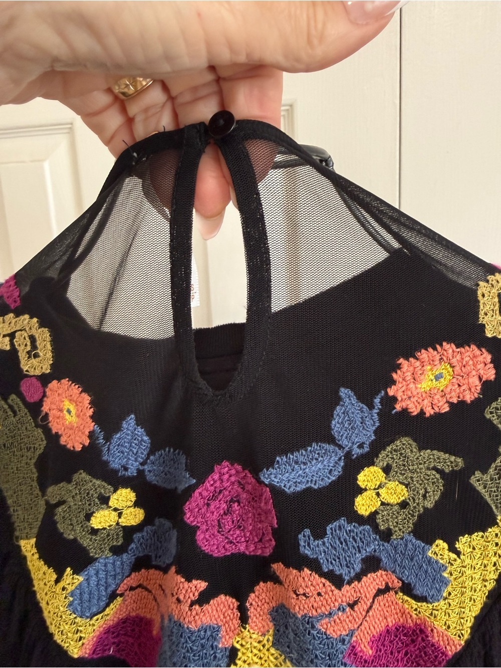 Free People Black Crop Top with Multicolor Floral Embroidery small BoHo blouse - Picture 6 of 9
